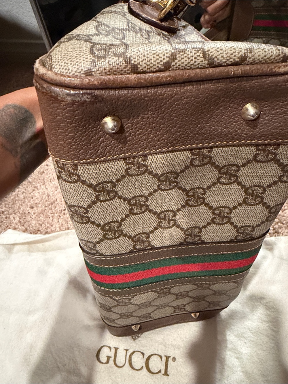 Gucci Brown GG Supreme Canvas Top Handle Satchel with Green-Red Web - Picture 3 of 14
